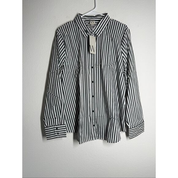 NWT Worthington Womens Top Sz XXL White Black Striped Long Sleeve Button Up - Picture 1 of 10